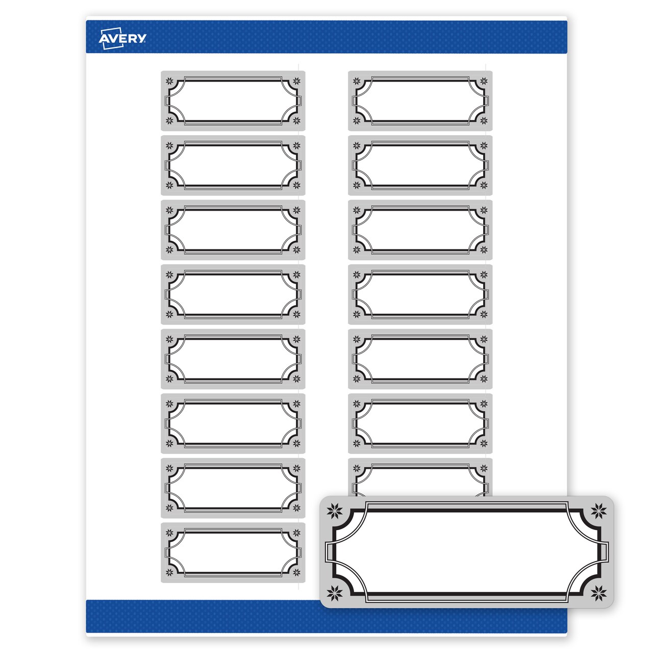 Avery Printable Rectangle Labels, 1" x 2-5/8", Matte White, Pre-printed Metallic Silver Border/Black Frame Design, Sure Feed Technology, Laser & Inkjet Compatible, 320 Total